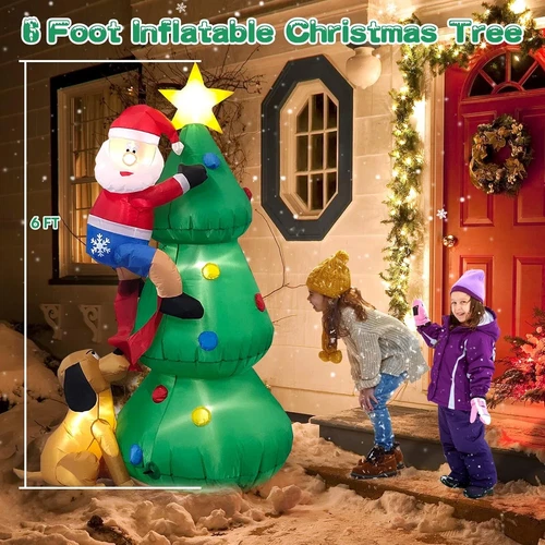 6 Fuß aufblasbarer beleuchteter Weihnachtsbaum mit niedlichem Weihnachtsmann und Hund Außendekoration - Bild 3 von 20