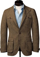 Men Brown Herringbone Tweed Blazer Vintage Check Groom Tuxedo Wedding Prom Suit