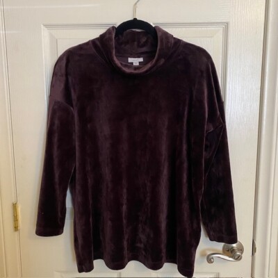 J Jill Pure Crushed Velour Velvet Top Medium Petite Eggplant Purple Turtle Neck
