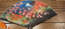 Vintage Japanese Pagoda Folding Fan Hand Painted Mountain, Bird and Building