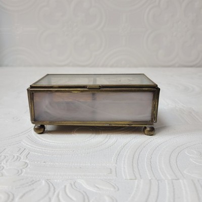Vintage Brass Glass Jewelry Trinket Box Ornate Feet Hinged Lid Etched Flowers