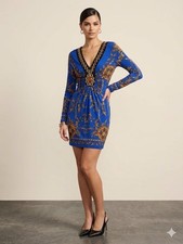 VNTG Y2k Va Va Voom Blue Beaded  baroque chain-link Long Sleeve Dress Large
