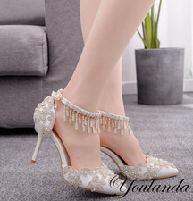 Ladies Fringe Rhinestone Sandals Pointy Toe Stiletto Ankle Strappy Bride Shoes