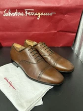 Salvatore Ferragamo Men's Oxford Dress loafer brown saffiano leather 7.5EE NEW