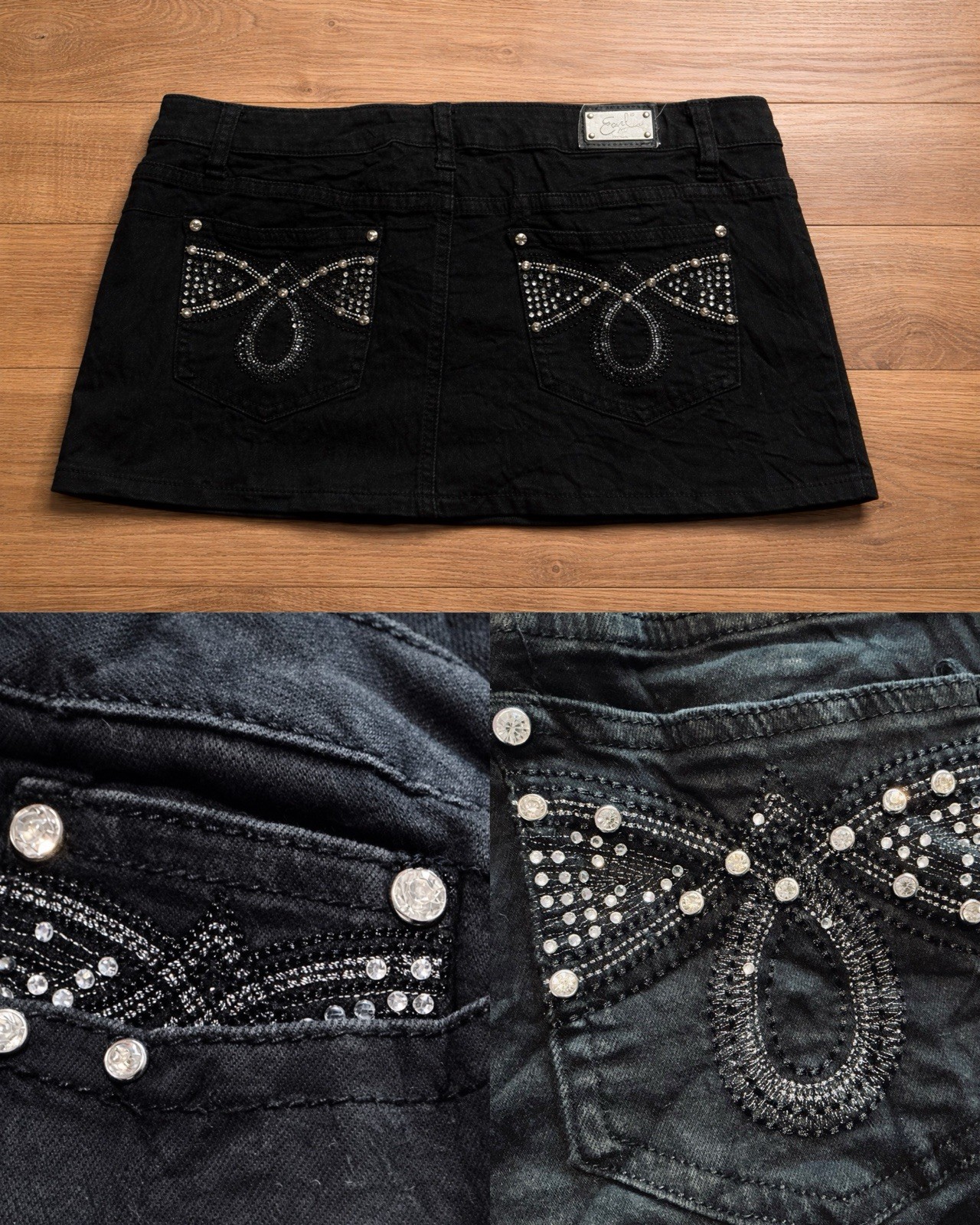 Earl Jean Y2K schwarz Low Rise Denim Micro Minirock Strass Taschen 12 14