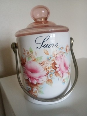 Zuckerdose - Steingut & Metallgriff - Landblumen - Glasdeckel rosa