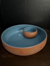 Vtg Himark Portugal Terra-cotta and turquoise glaze hand painted chip & dip Bowl