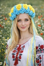 Blue Yellow Flower Crown Ukrainian Vinok Handmade Floral Headband Ribbon