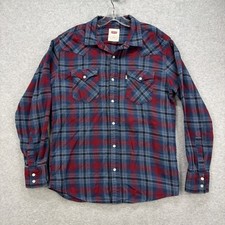 Levis Shirt Mens Medium Red Blue Plaid Flannel Pearl Snap Western Cowboy Rodeo