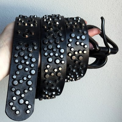 Esprit Studded Leather Belt Black Punk Rock Gothic Biker Wide Buckle Accessory