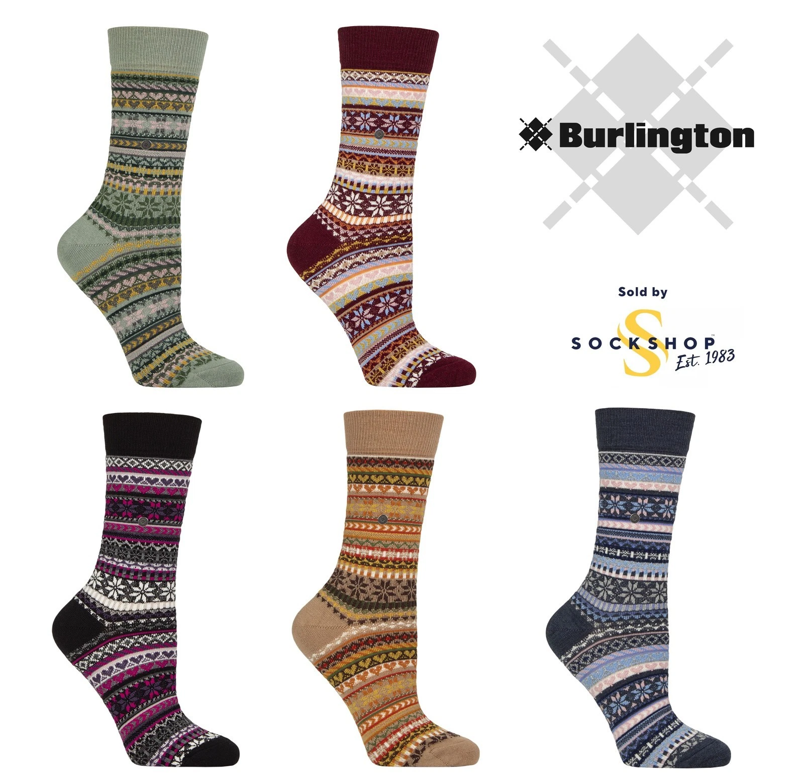 Womens Socks Burlington Fair Isle Delight Patterned Wool Many Colours Size 3.5-7
