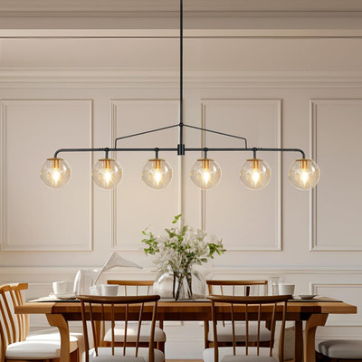 Elegant Black and Gold Linear Chandelier with Seeded Glass Globes, 6 Lights