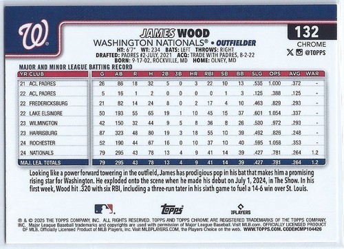 2025 Topps Chrome #132 James Wood Ray Wave Rookie RC Nationals - Picture 2 of 2