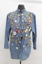 Vintage Kikit Denim Jacket Covered In 116 Vintage Pin Brooch, See Pictures