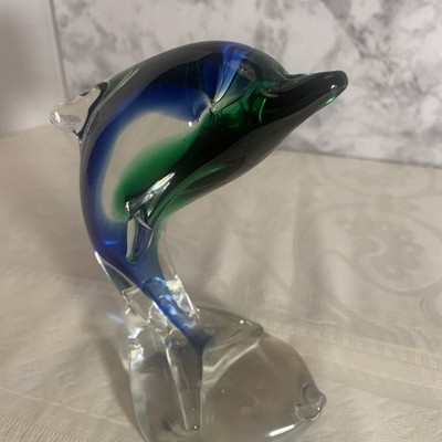 Dolphin on a Wave Sculpture Paperweight Art Glass Hand Blown Blue/Green