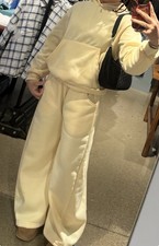 Women  s Butter yellow Fleece Cotton 2pc Sweatsuit Set Hoodie  Wide Leg Pants