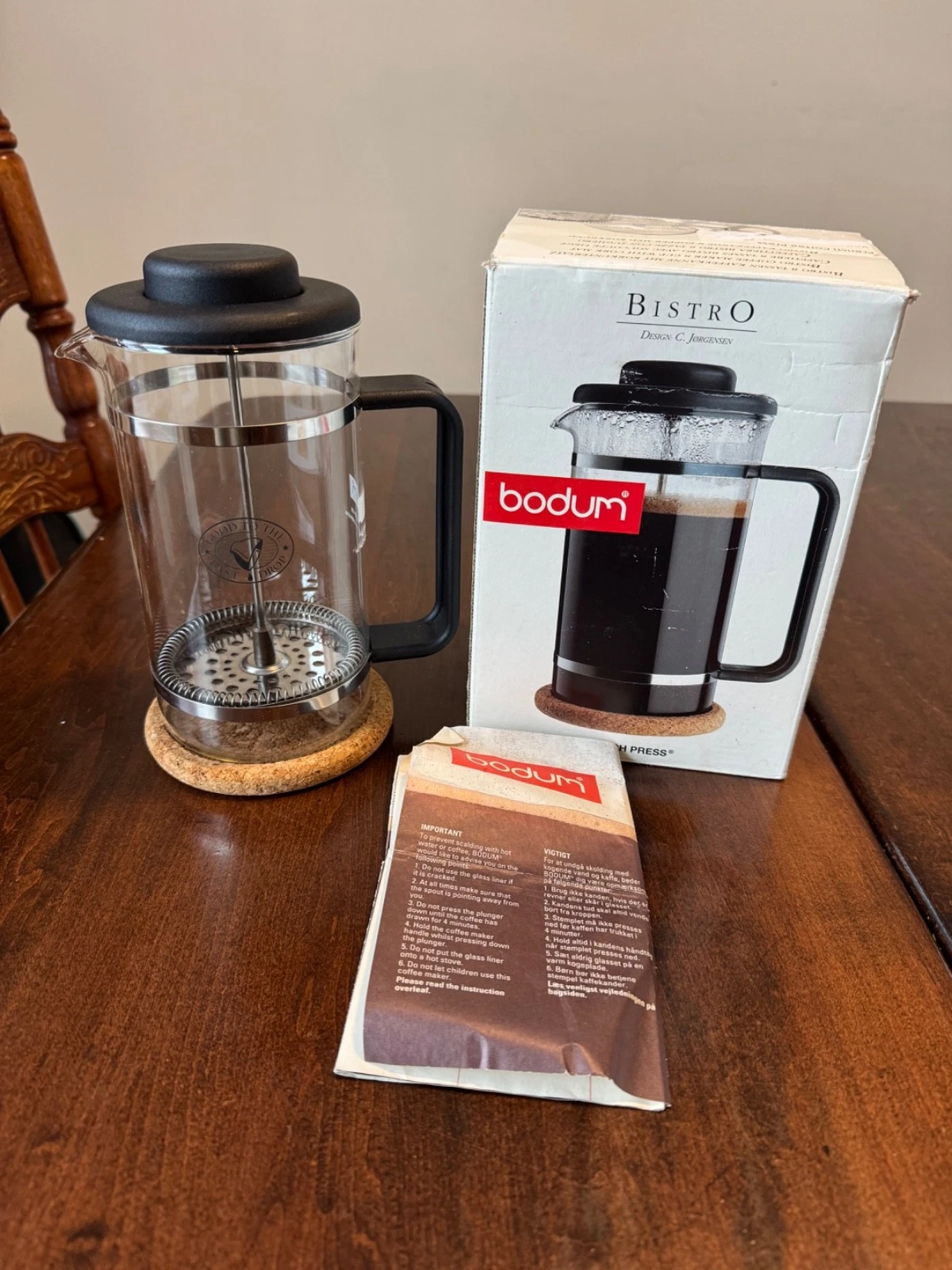 Vintage Black Bodum Bistro French Press Coffee Maker w Box & Cork Base Jorgensen
