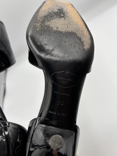 Prada Women's SZ 36 5.5 Black Patent Leather Peep Toe Stilleto Kitten Heel Pump - Picture 12 of 13
