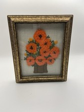 Vintage Crewel Artwork Orange Flowers, Handmade Framed Under Glass  Beautiful ￼