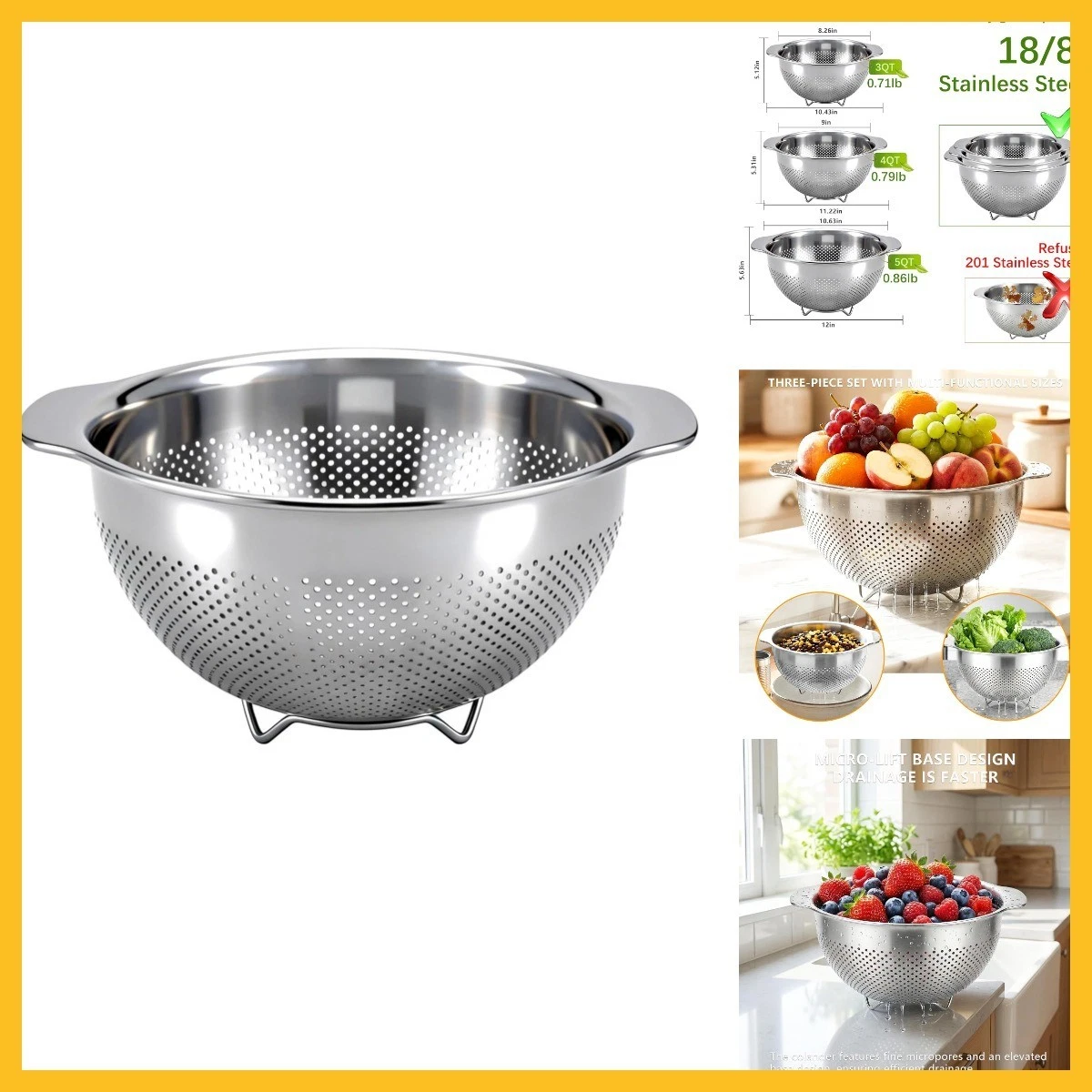 Metal Strainer Handle - Large Food Colander For Kitchen 5 Strainers Colanders