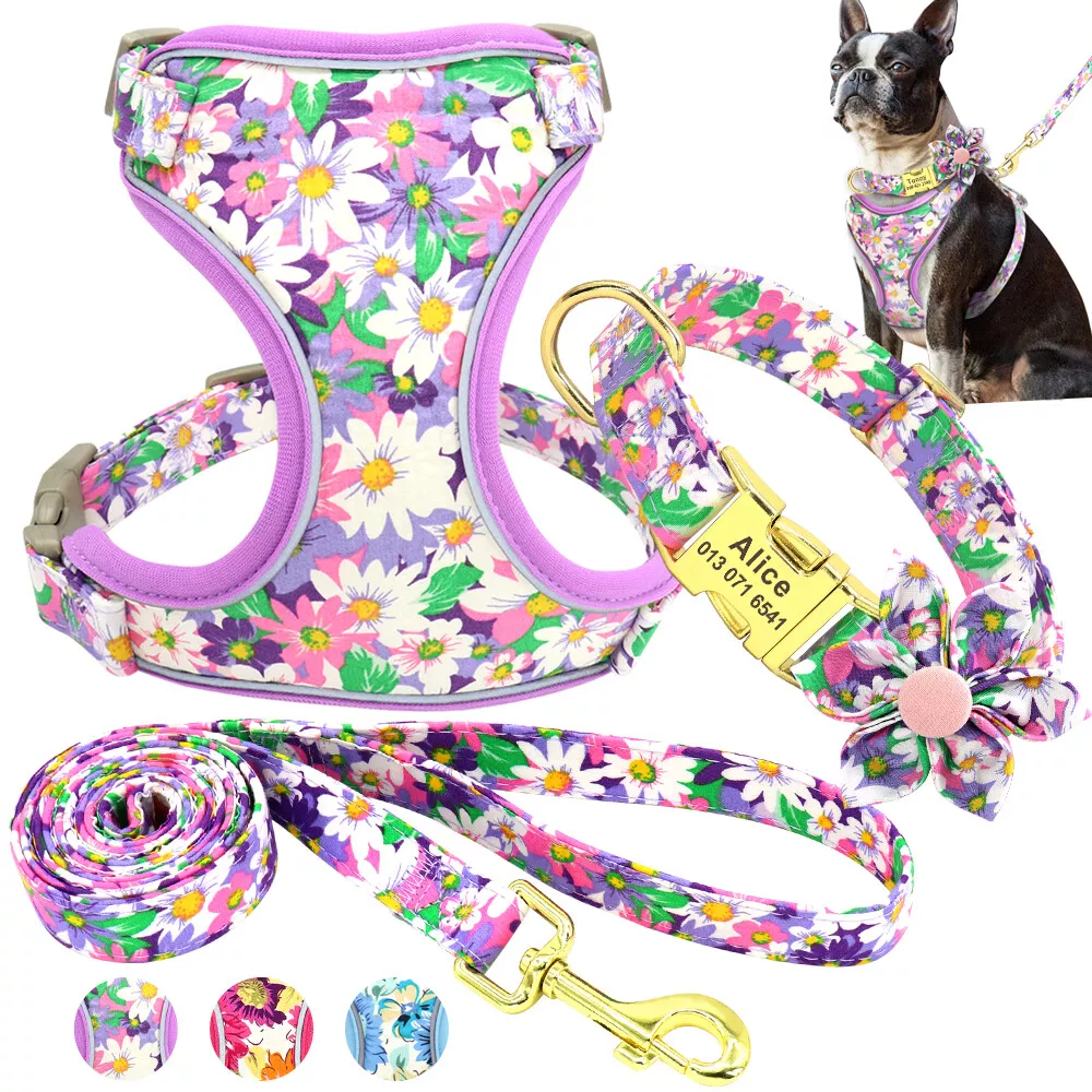 Fancy Floral Custom Pet Dog Collar Harness Lead set Personalised Metal Buckle
