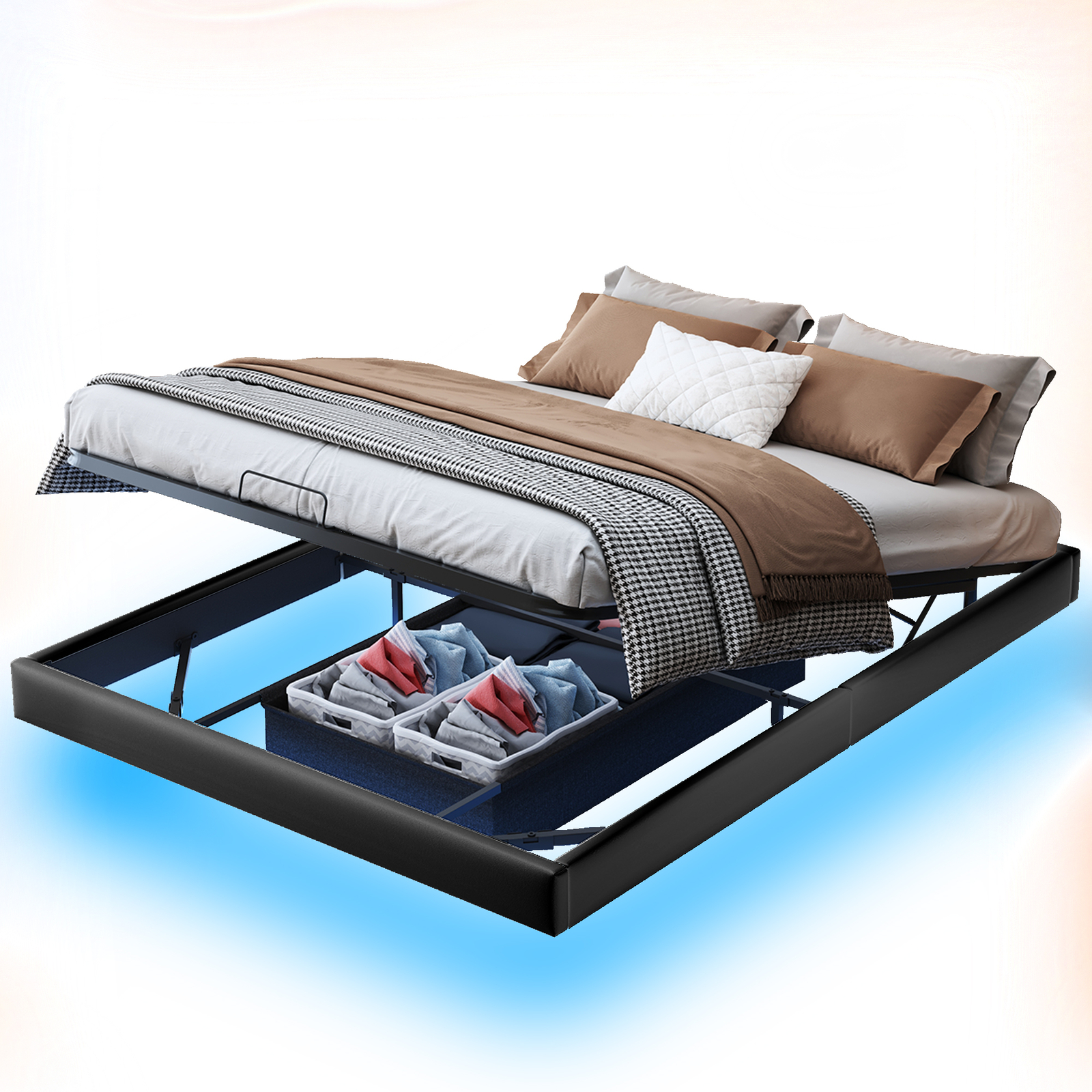 Polsterbett 160x200cm,mit LED Beleuchtung,Lattenrost,Floating Bed Frame,Schwarz
