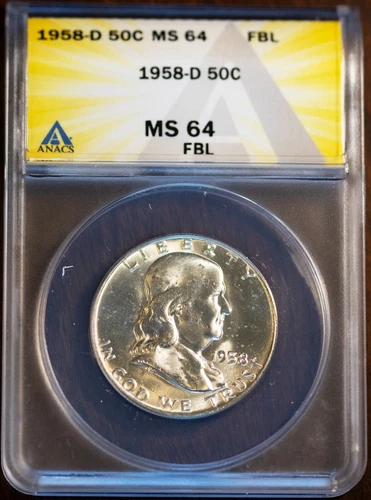 1958-D 50c Silver Franklin Half-dollar MS 64 FBL New ANACS # 7472075 + Bonus