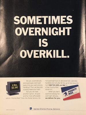 1993 US Postal Service Priority Mail PRINT AD Overnight Is Overkill VTG 90s USPS