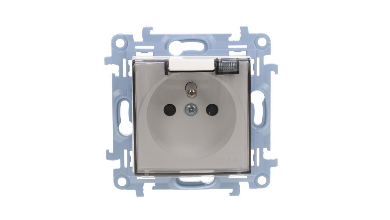 Simon 10 Single socket IP44 with seal and current track shutters. transpa /T2UK