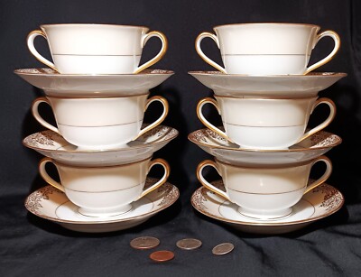 6 BOULLION BOWL vtg noritake garland soup teacup cup saucer set fine porcelain