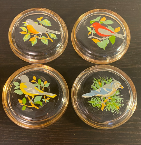 4 Wild Bird Glass Coasters Gold Trim- Robin, Scarlet Tanager, Oriole & Blue Jay - Picture 2 of 12