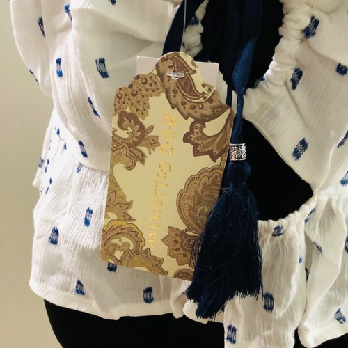 B.O.G Collective White & Navy Spaghetti Strap Peplum Top Large Polka Dot NWT - Picture 4 of 9
