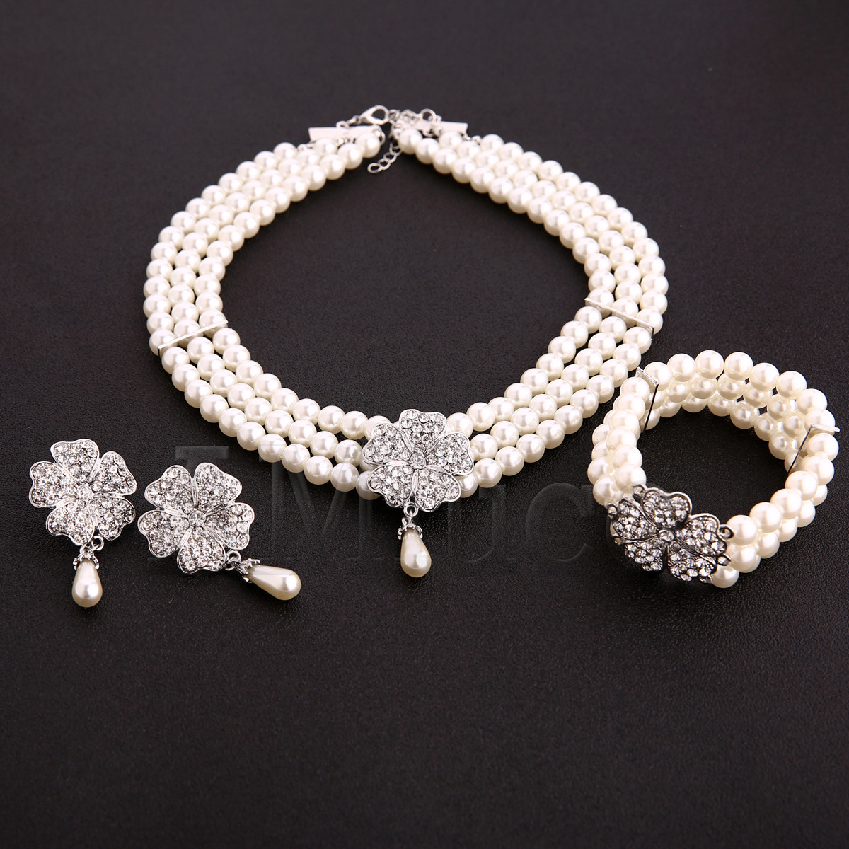 1920s Great Gatsby Flower Jewelry Set Rhinestone Pearl