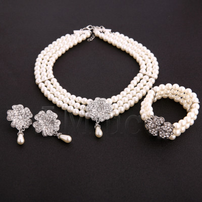 1920s Great Gatsby Flower Jewelry Set Rhinestone Pearl Necklace