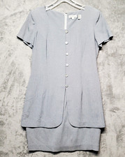 Ann Taylor Womens Size 12 Blue White Dress w/Attached Jacket Knee Length Sheath