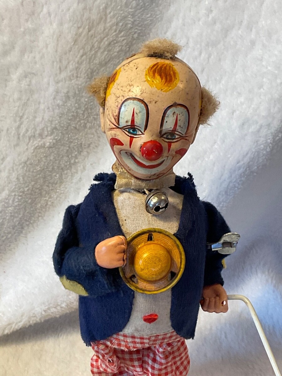 Rare 1950's Smiling Sam Carnival Clown Tin Wind Up Toy Complete