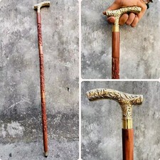 Antique Hand Carved Wooden Walking Stick Cane Solid Brass Handle Vintage Gift