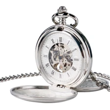 Mens Vintage Mechanical Pocket Watch Steampunk Silver Smooth Skeleton Case Chain