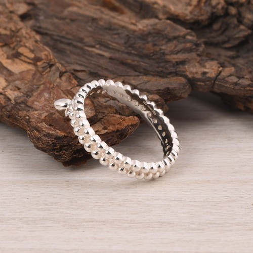 Sterling Silver 925 Eternity Ball Bead Double Band Ring With Hanging Heart Charm - Picture 5 of 13