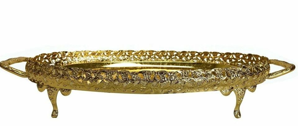 SILVER GOLD PLATED OVAL SERVING TRAY PLATE GALLERY PLATTER PAANDAN WITH HANDLES  - Image 2 of 4