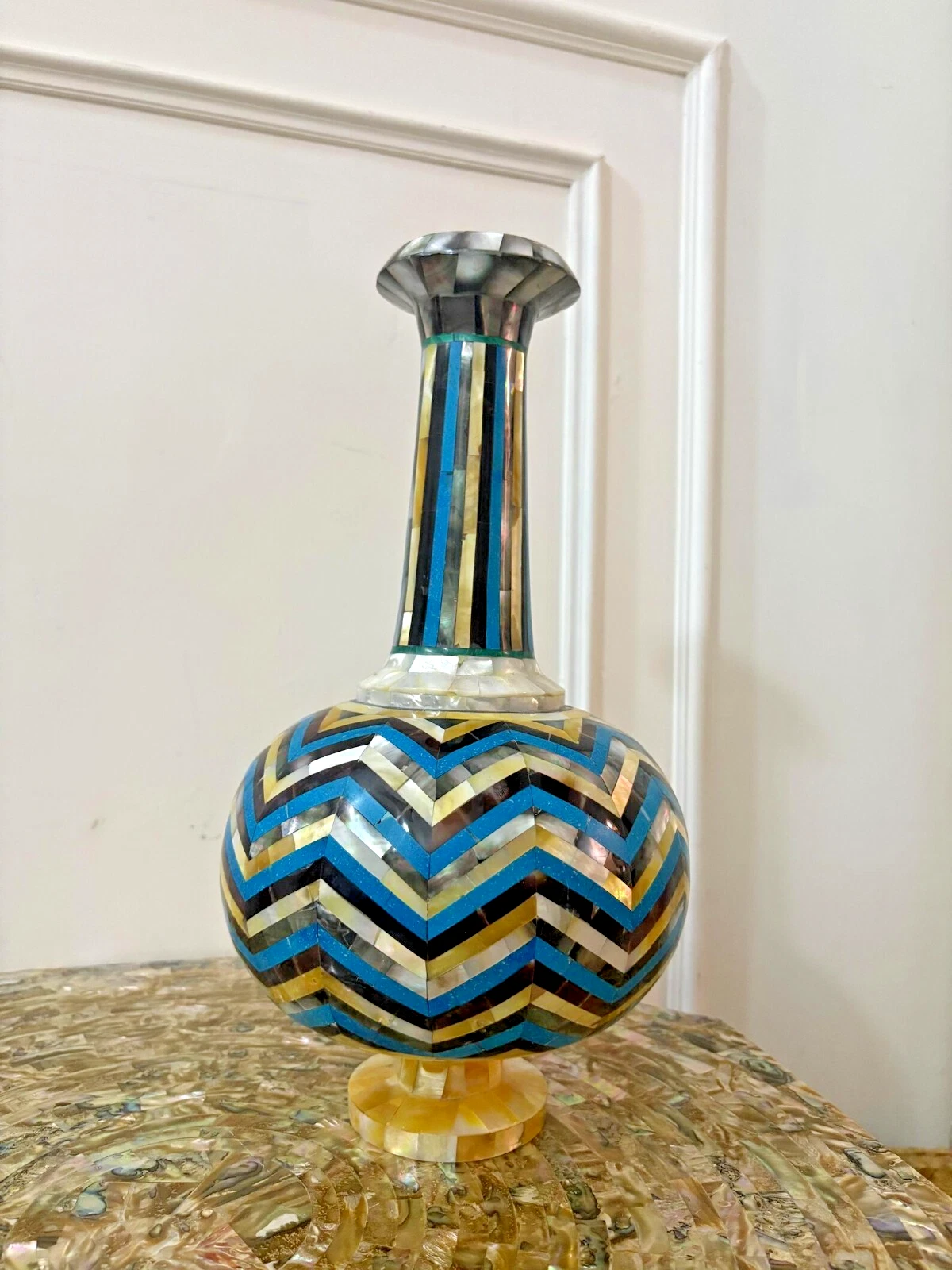 Marble Flower Vase with Mother of Pearl & Lapis Inlay | Handmade Stone Art Home