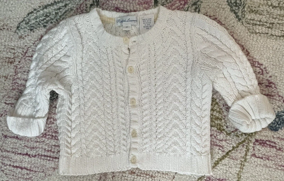 Ralph Lauren Baby Girl Cable Knit White Cardigan Sweater Size 3 Months