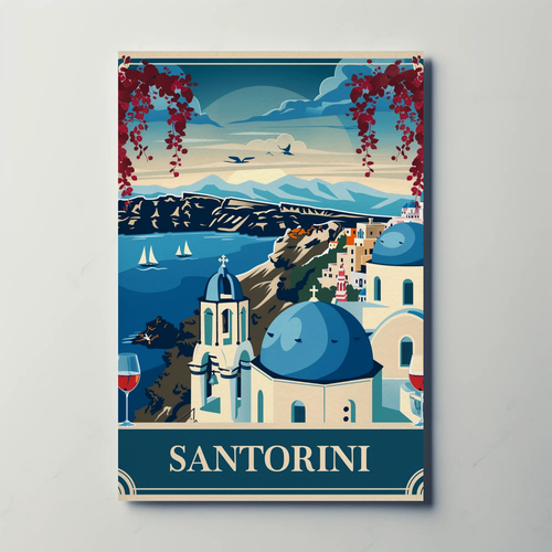 Santorini Greece Cliffside Blue Domes Poster