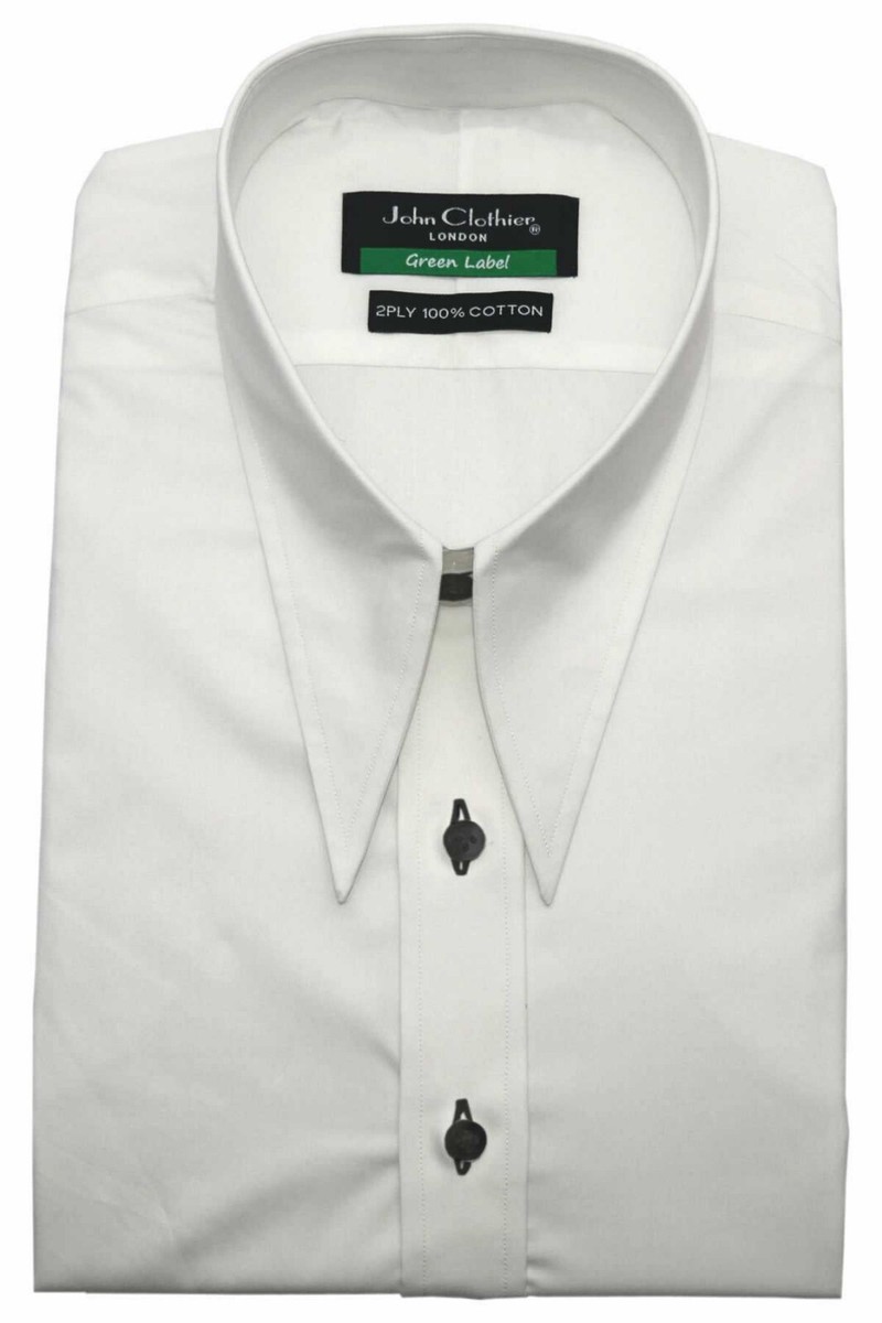 Men's Solid White Spear Dagger Long Point Wide Collar Dress Shirt