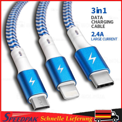 1,2m Multi USB Ladekabel 3 IN 1 Typ-C Micro iPhone Samsung Huawei