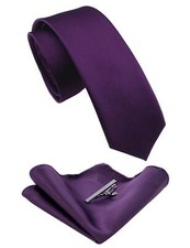 2.4" Purple Skinny Tie and Pocket Square with Tie Clip Silk slim Necktie Sets...