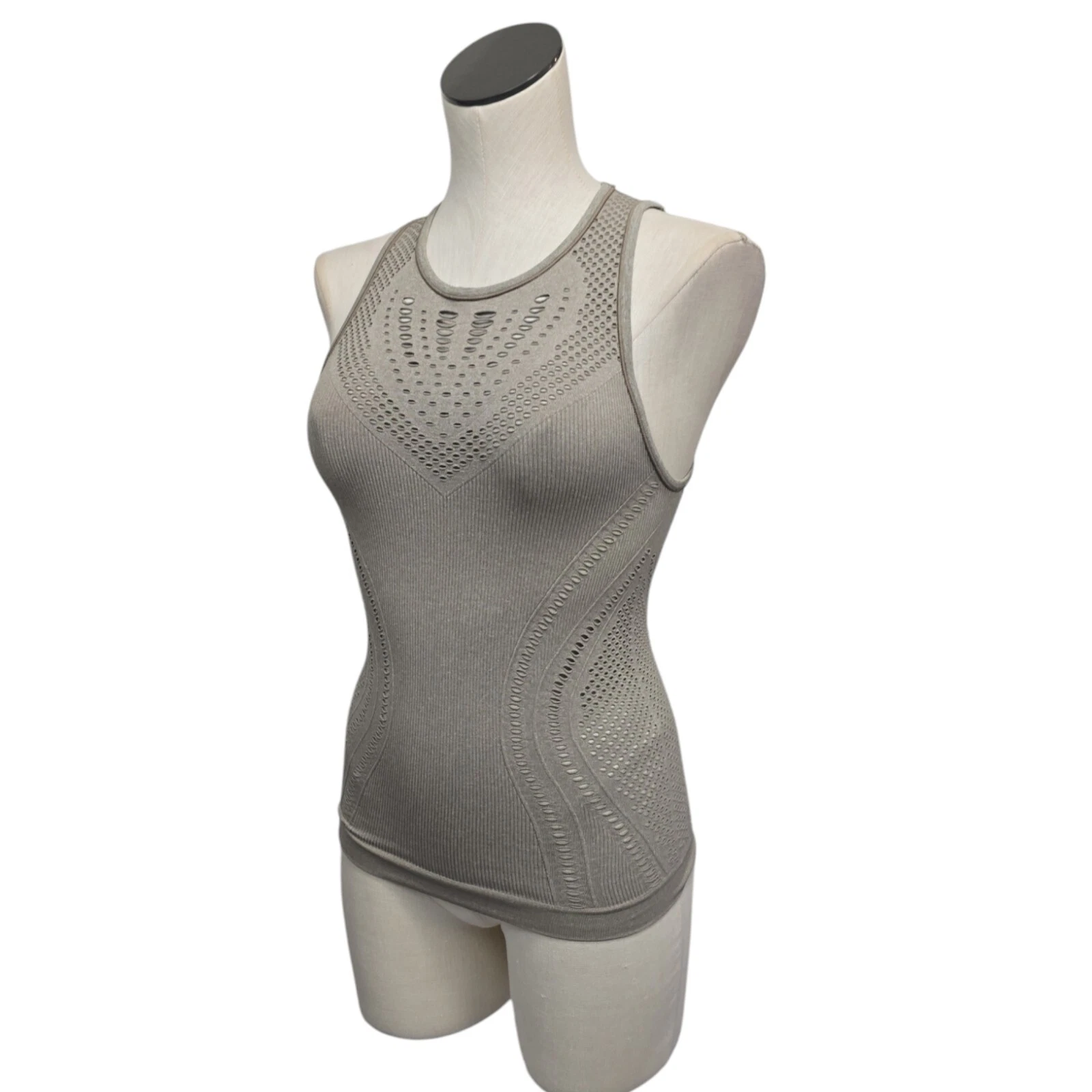 alo-yoga slash & burn seamless laser cut mesh heather tank-top