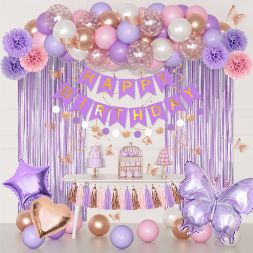 Purple Pink Birthday Party Decorations for Women Girls, Butterfly Confetti Rose - Picture 12 of 12