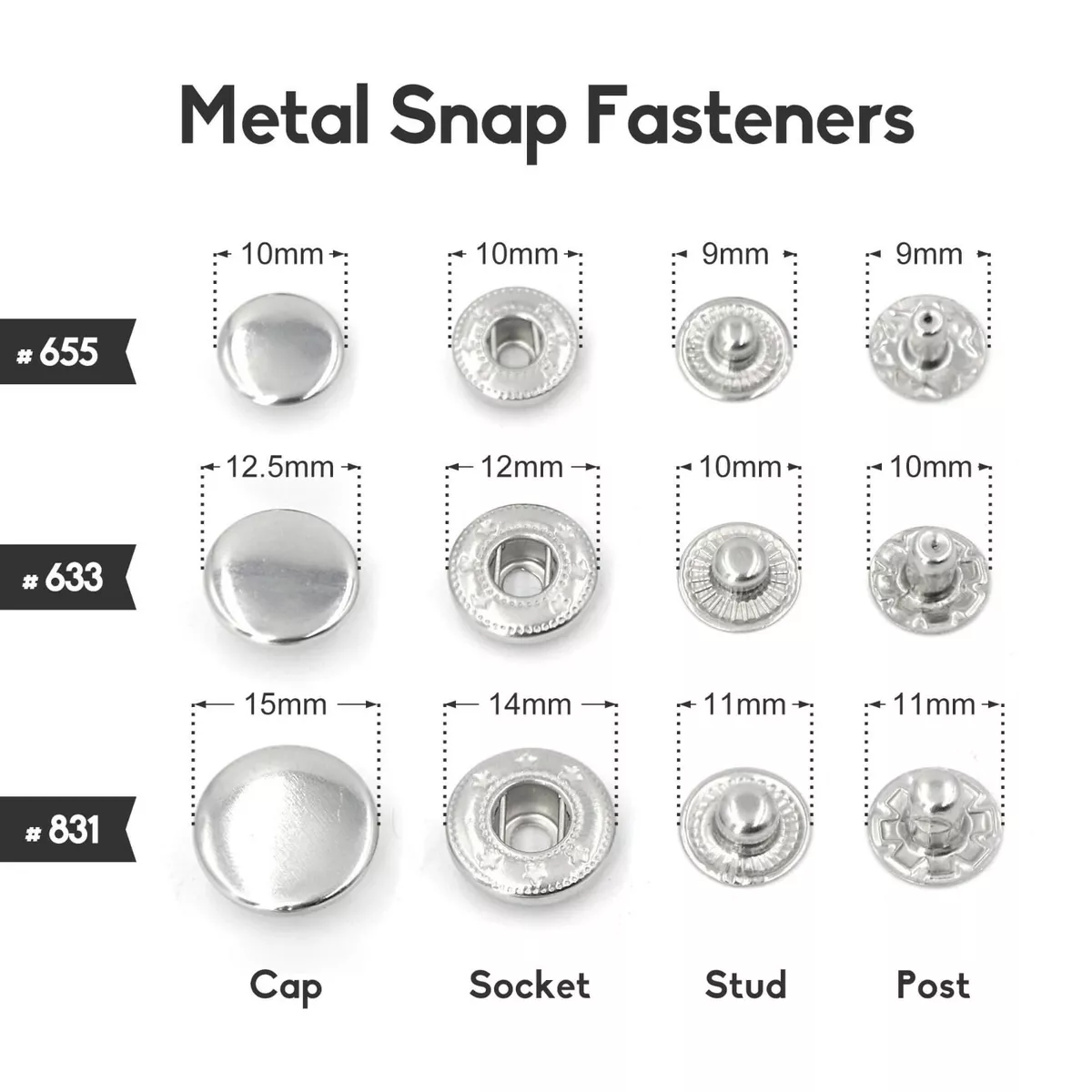 50 sets Metal Spring Snap Fastener Press Stud Snap Buttons Cap Size 10 12.5 15mm