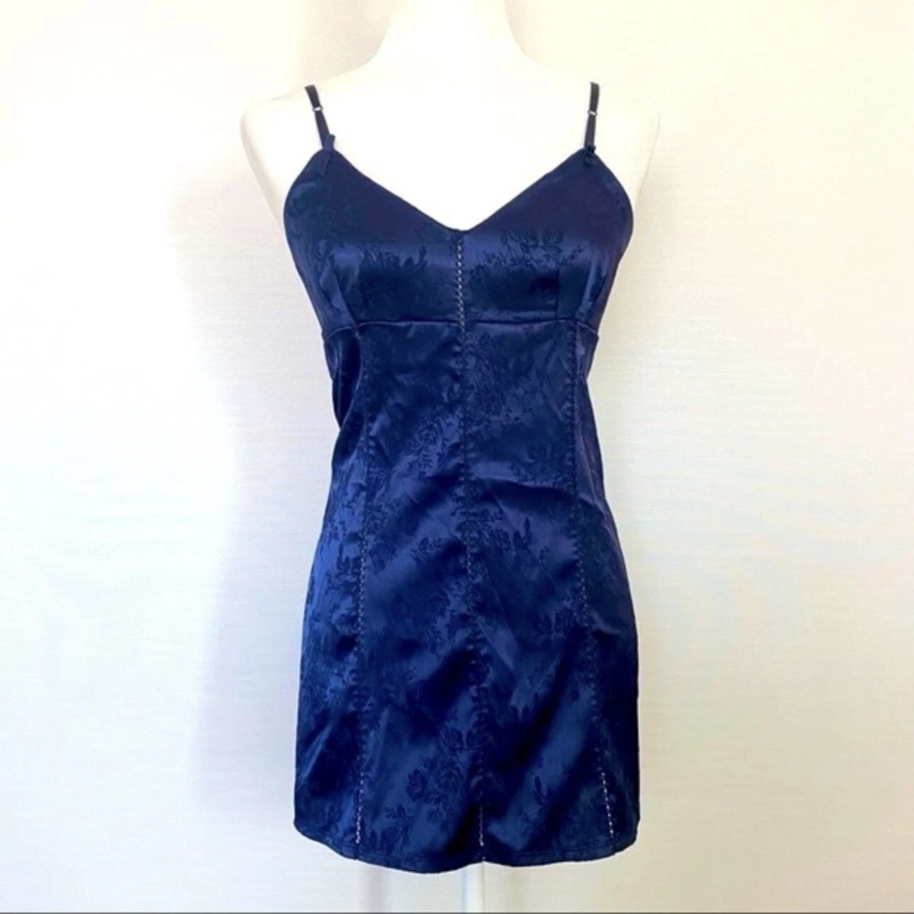 UNDERCOVER Abito slip anni 90 Victoria’s Secret nuovo con etichetta raso elasticizzato seta jacquard blu corsetto M